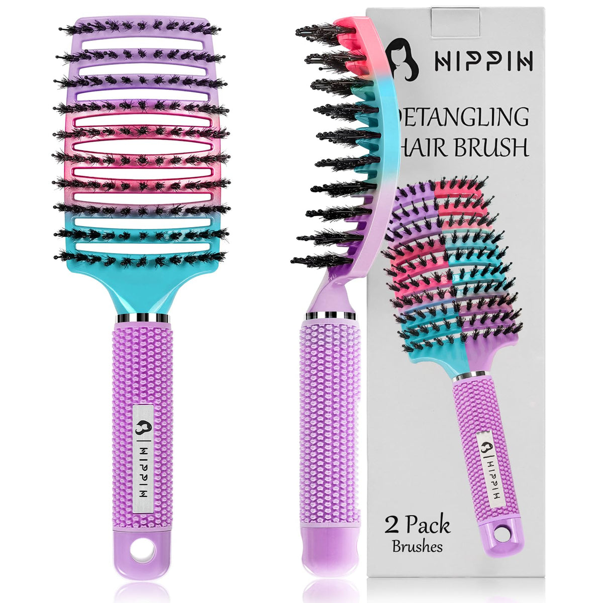 HIPPIH Boar Bristle Hair Brush Set of 2 front view