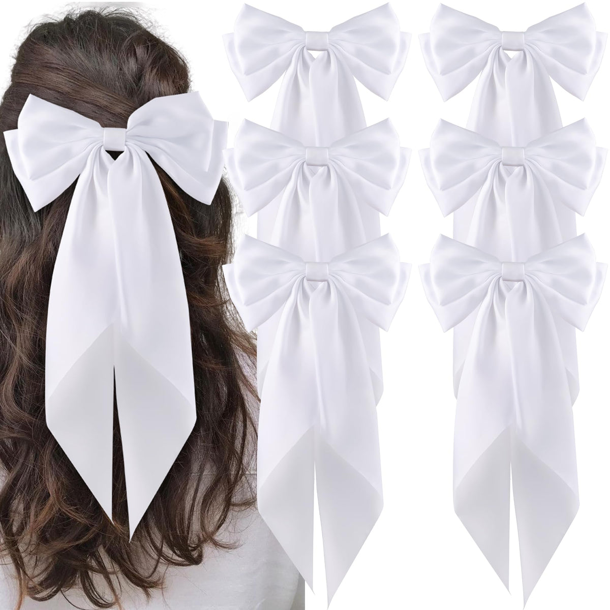 hisial Large Bow Hair Clips 6Pcs in white satin