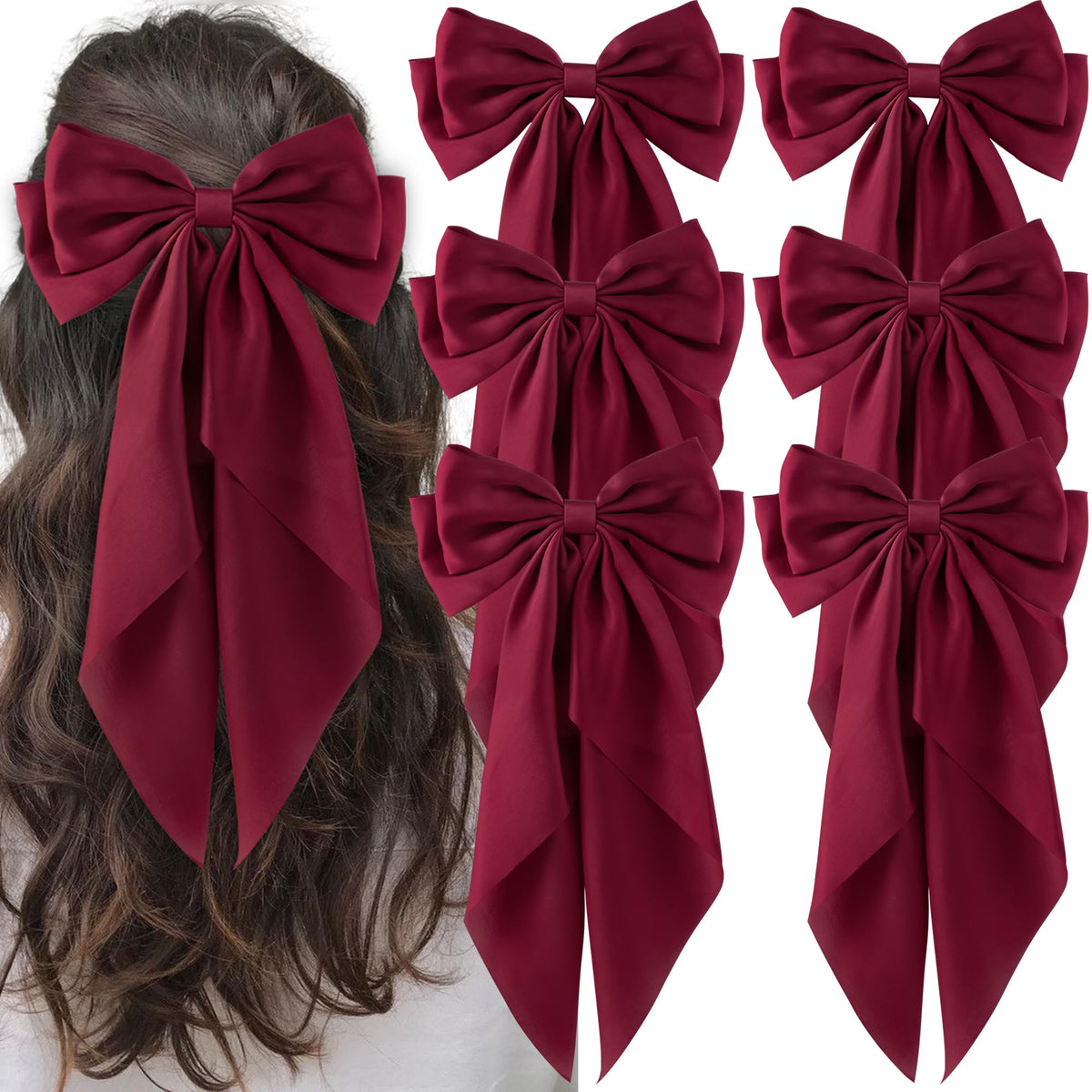 hisial Large Bow Hair Clips dark red front view