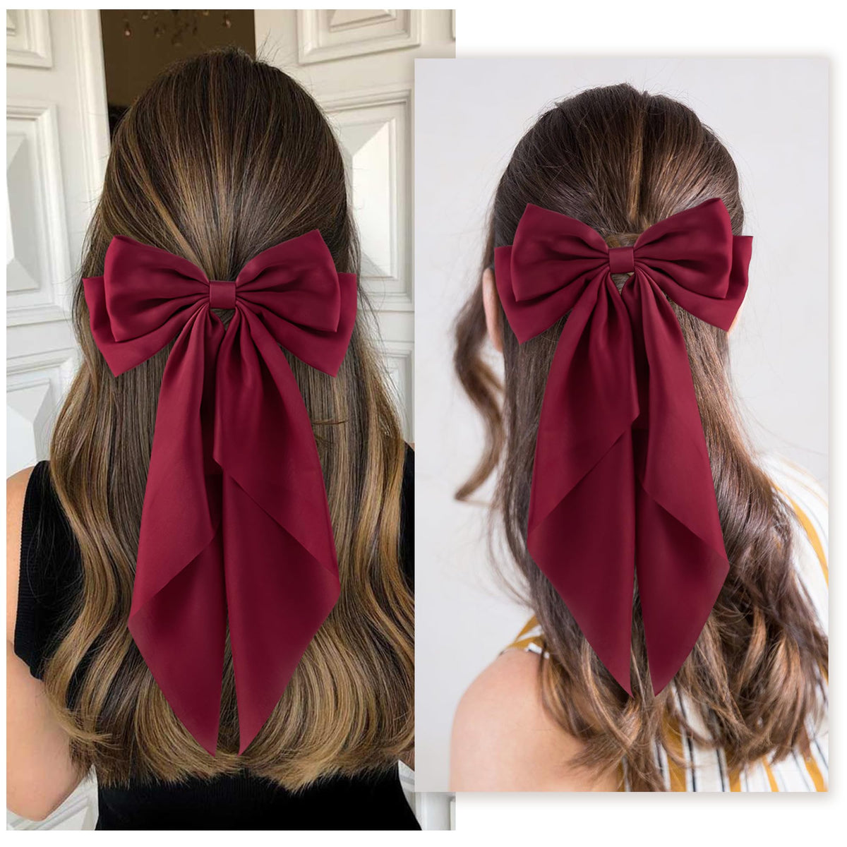 hisial Large Bow Hair Clips dark red with long tail