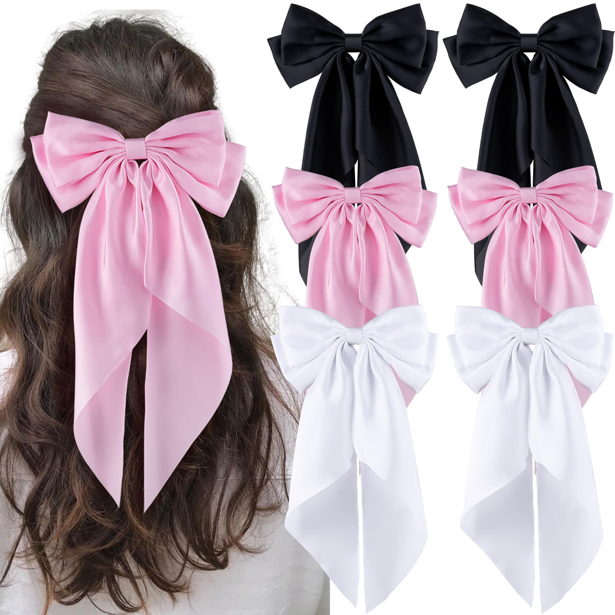 hisial Large Bow Hair Clips in black, pink, and white