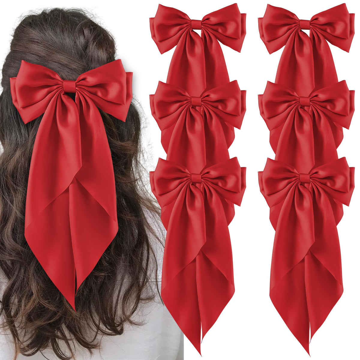 hisial Large Bow Hair Clips red satin front view