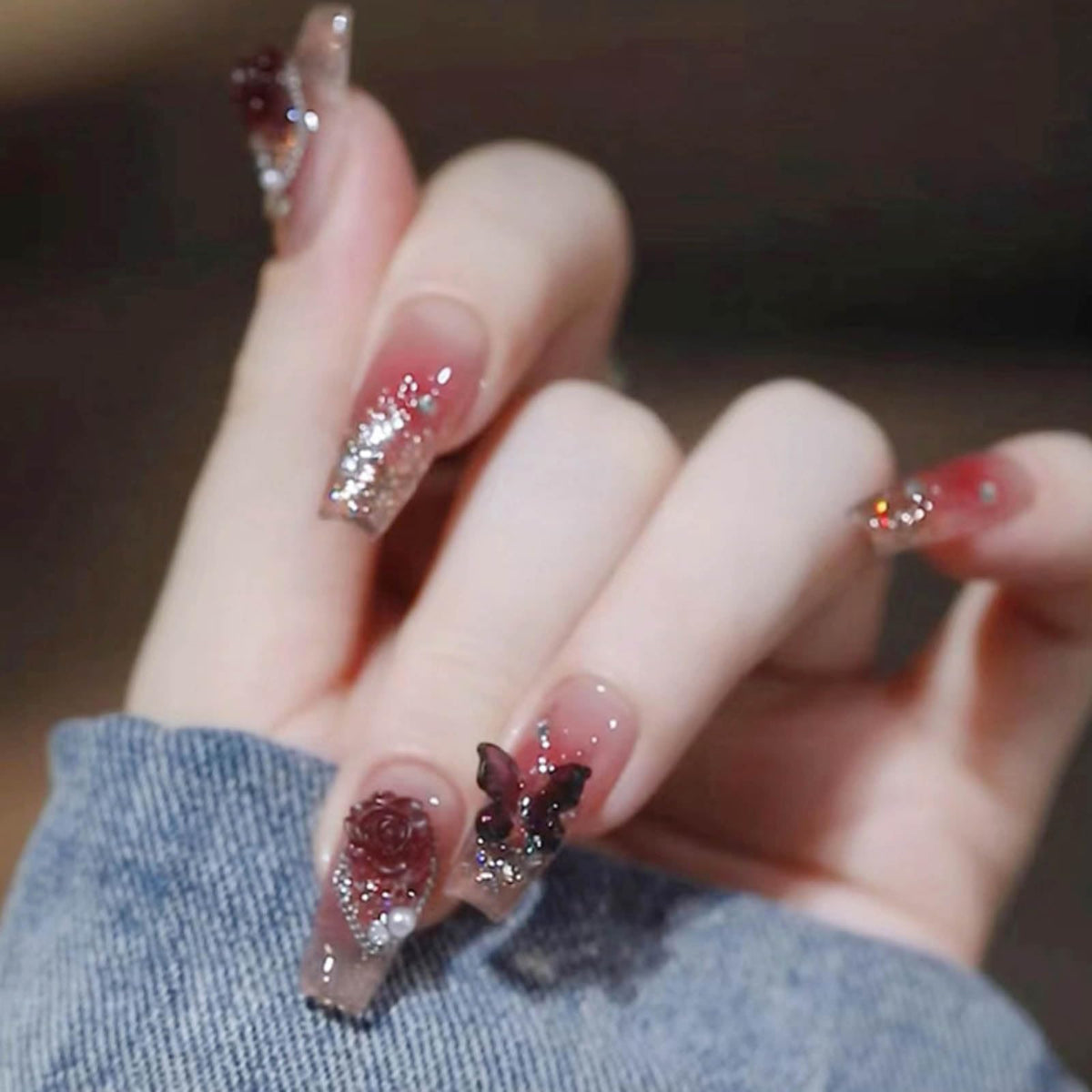 Hkanlre Bling Coffin Press on Nails red gradient front view