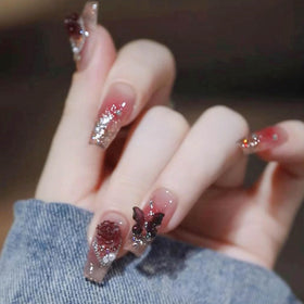 Hkanlre Bling Coffin Press on Nails red gradient front view