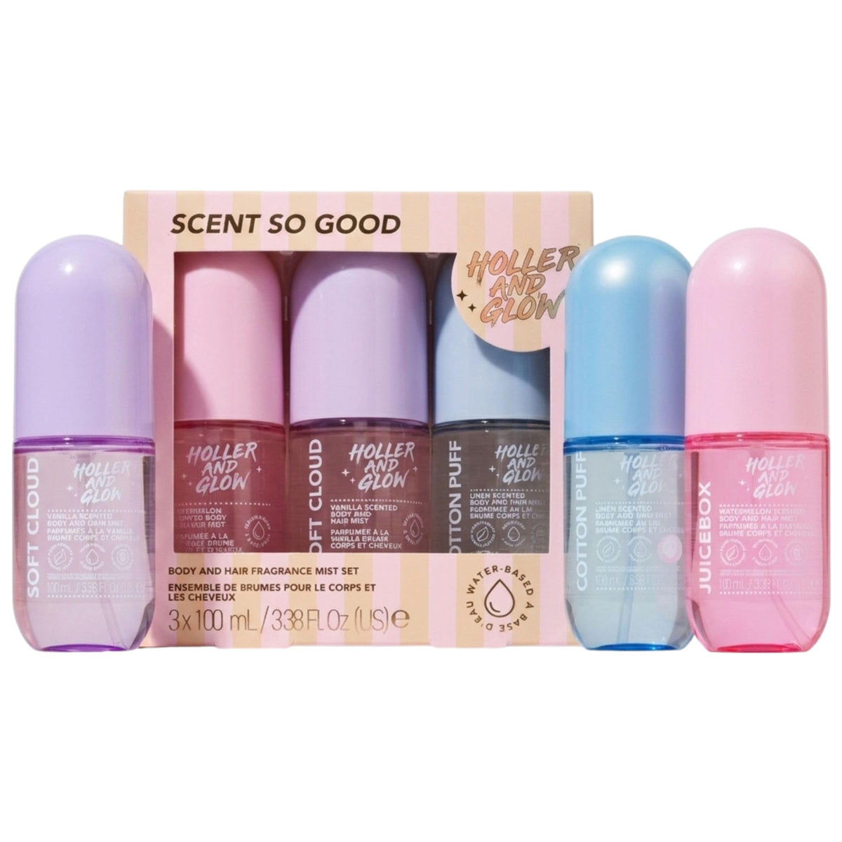 Holler & Glow Body & Hair Fragrance Mist Trio front view with three bottles