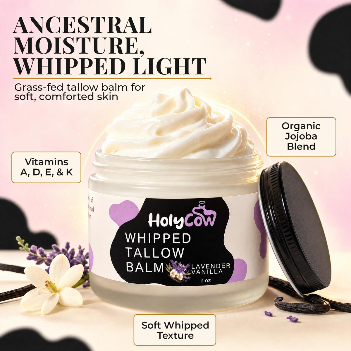 HolyCow Beef Tallow Body Butter 2 Oz Lavender Vanilla jar with lid