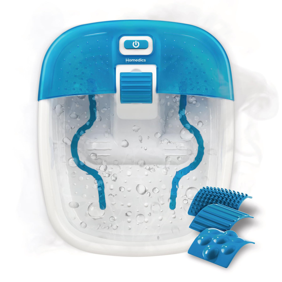 Homedics Bubble Bliss Deluxe Foot Spa front view with attachments