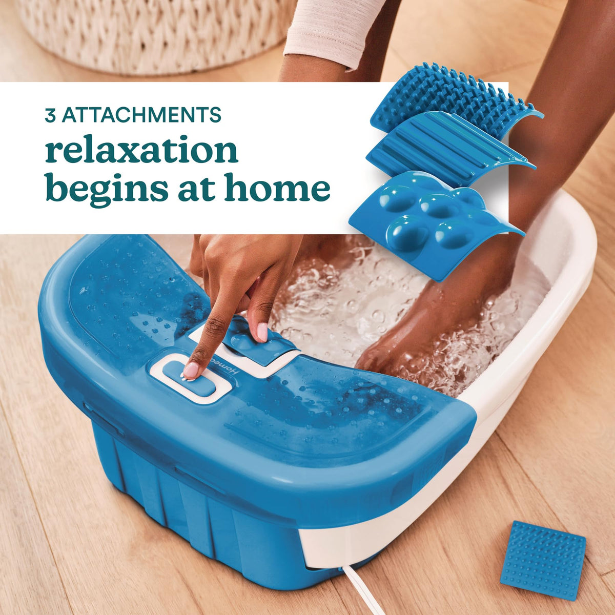 Homedics Bubble Bliss Deluxe Foot Spa splash guard in action
