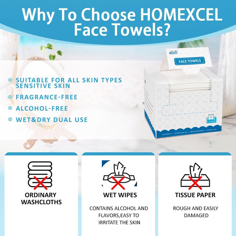 HOMEXCEL Disposable Face Towels on a bathroom counter