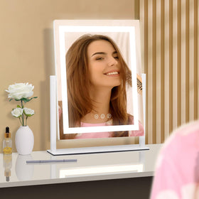 homtang Lighted Makeup Mirror in a stylish bedroom setting
