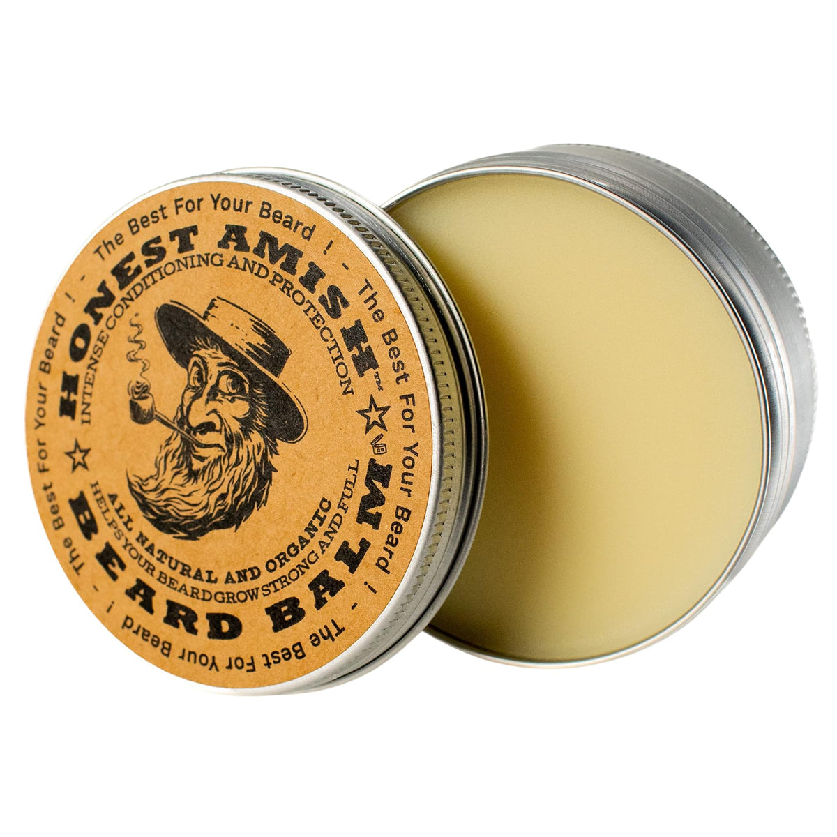 Honest Amish Beard Balm 4 Oz Twist Tin with ingredients displayed