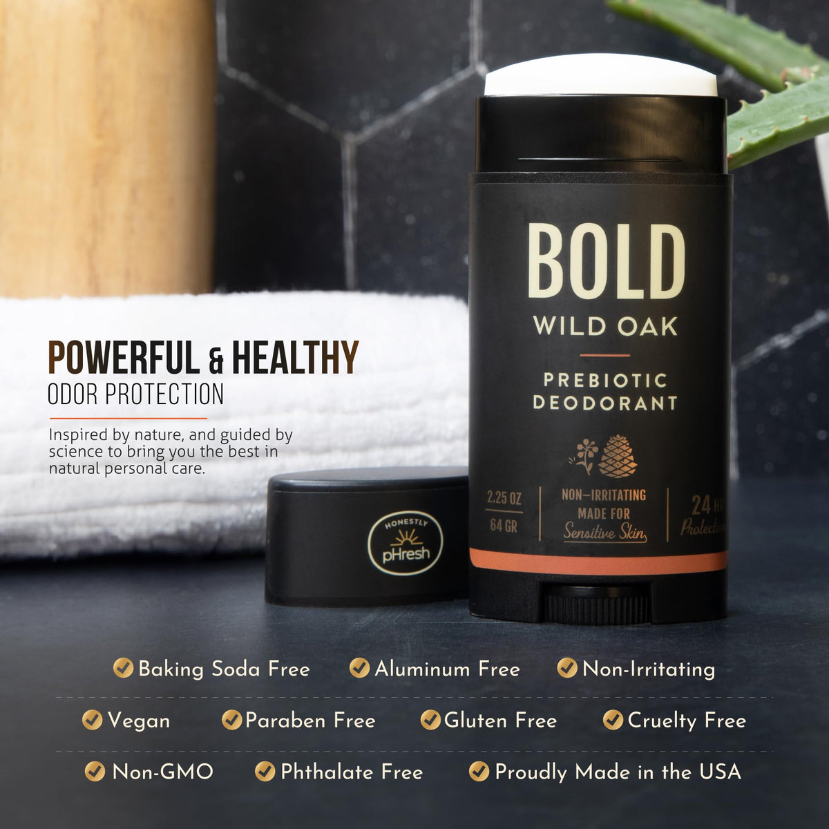 Honestly pHresh Natural Deodorant for Men, lifestyle scene in bathroom