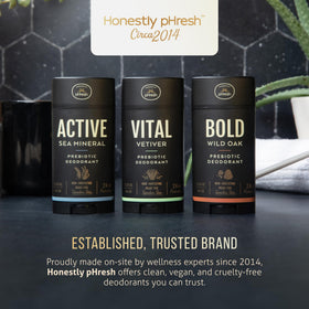Honestly pHresh Natural Deodorant for Men, packaging on a wooden surface
