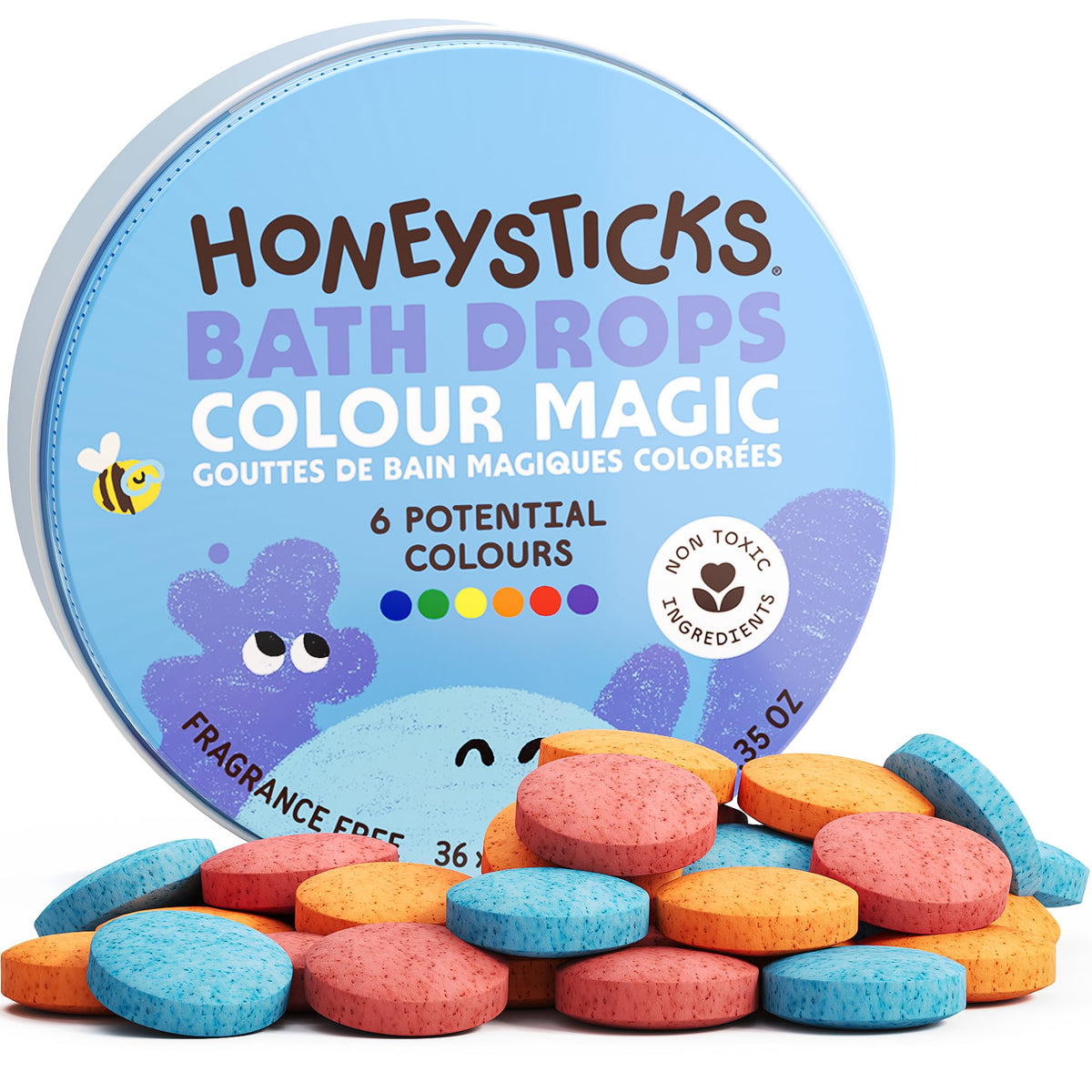 Honeysticks Bath Color Tablets for Kids in a reusable tin
