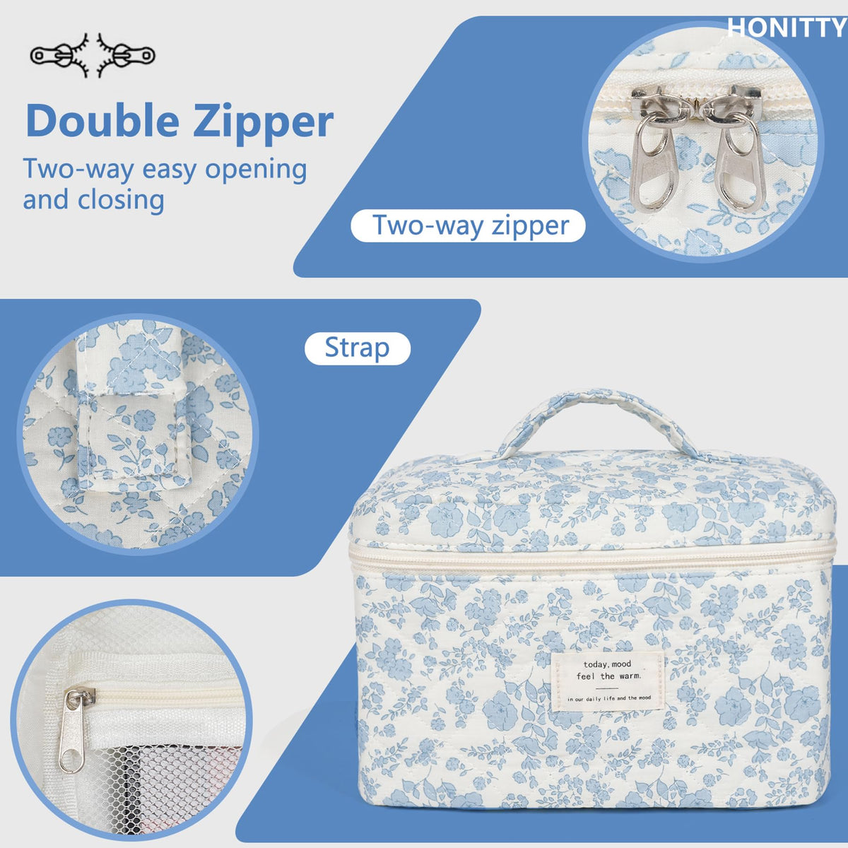 honitty Floral Makeup Bag on a dresser with cosmetics