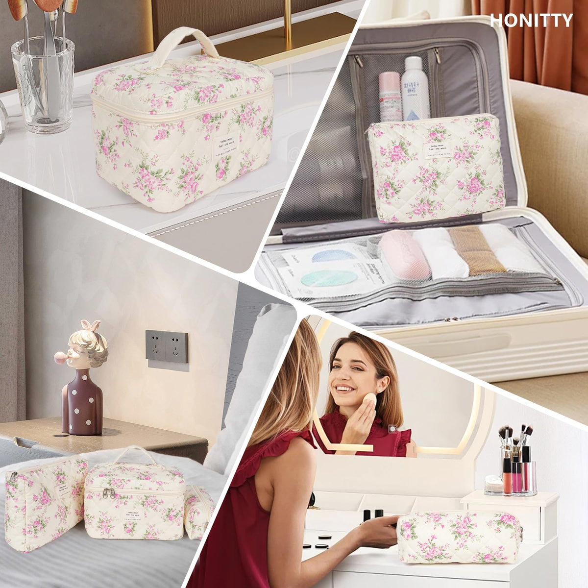 honitty Floral Makeup Bag Set close-up of zipper detail