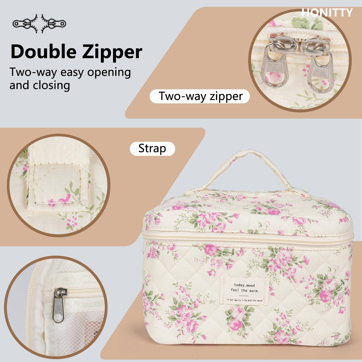 honitty Floral Makeup Bag Set displayed on a dresser