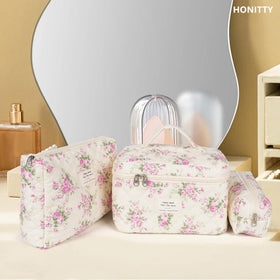 honitty Floral Makeup Bag Set folded for travel
