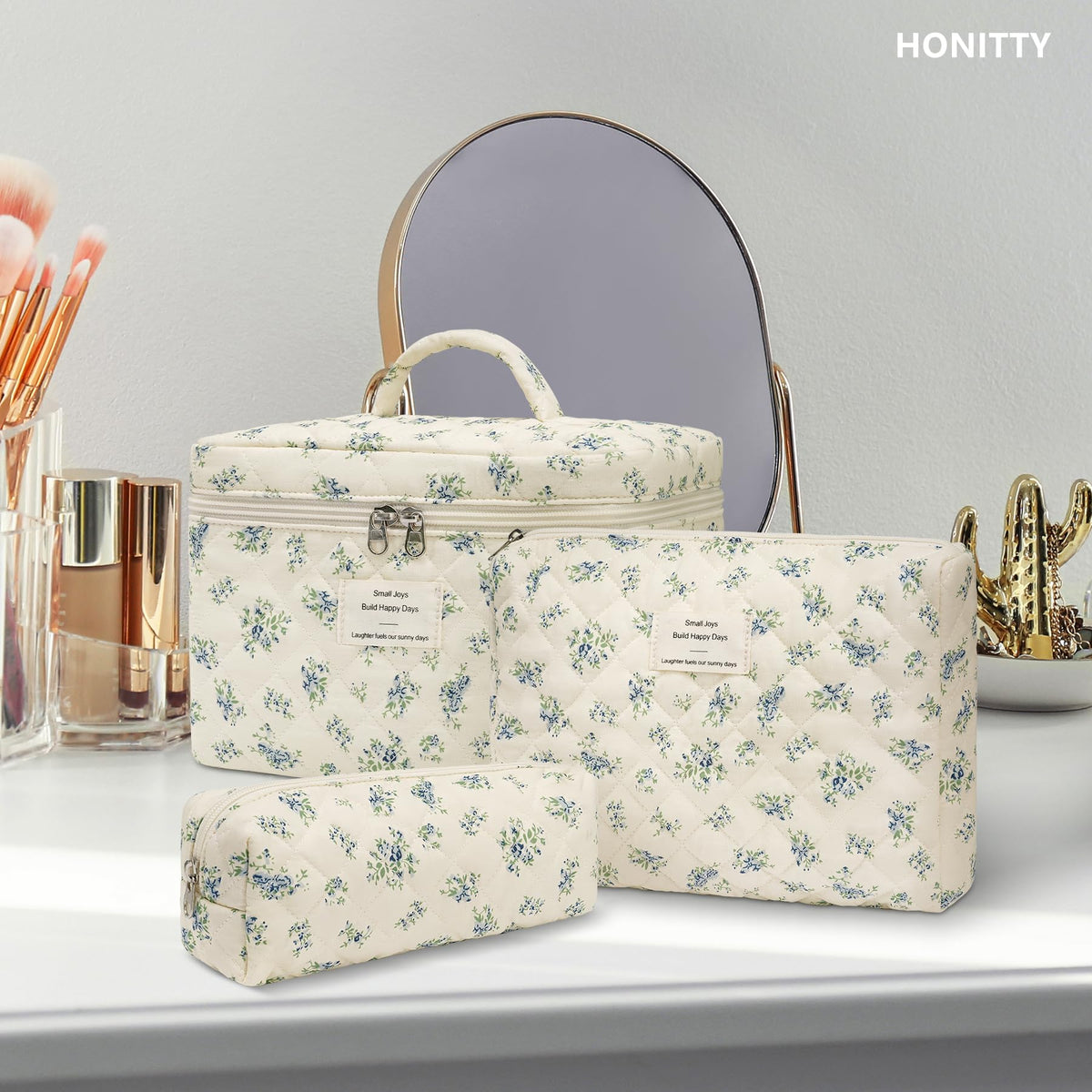 honitty Floral Makeup Bag Set in a suitcase