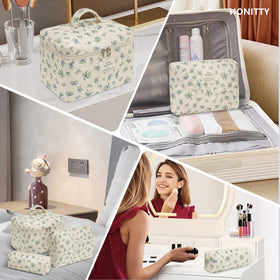 honitty Floral Makeup Bag Set on a dresser with skincare products