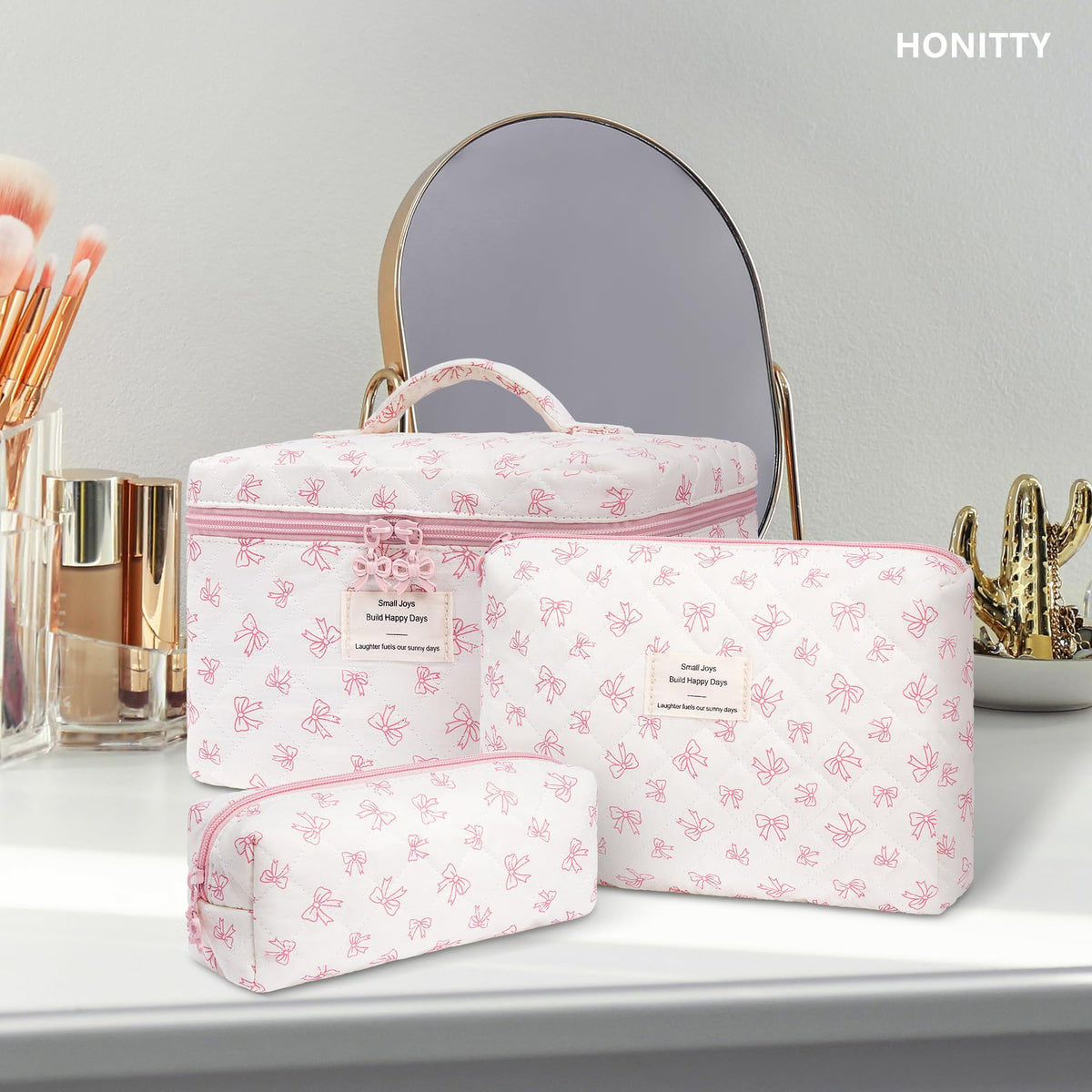 honitty floral makeup bag set on dresser