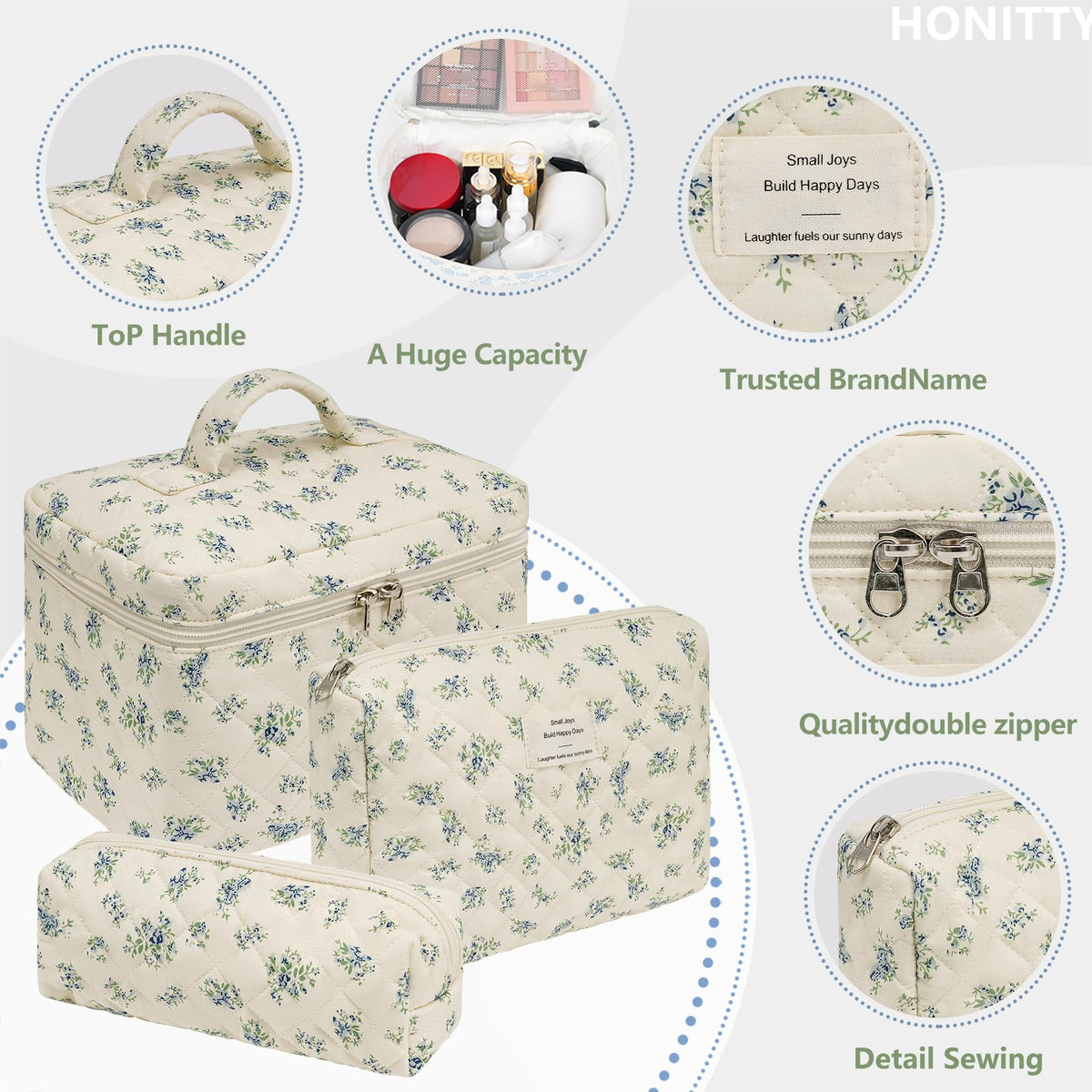 honitty Floral Makeup Bag Set open with cosmetics inside