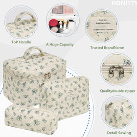 honitty Floral Makeup Bag Set open with cosmetics inside