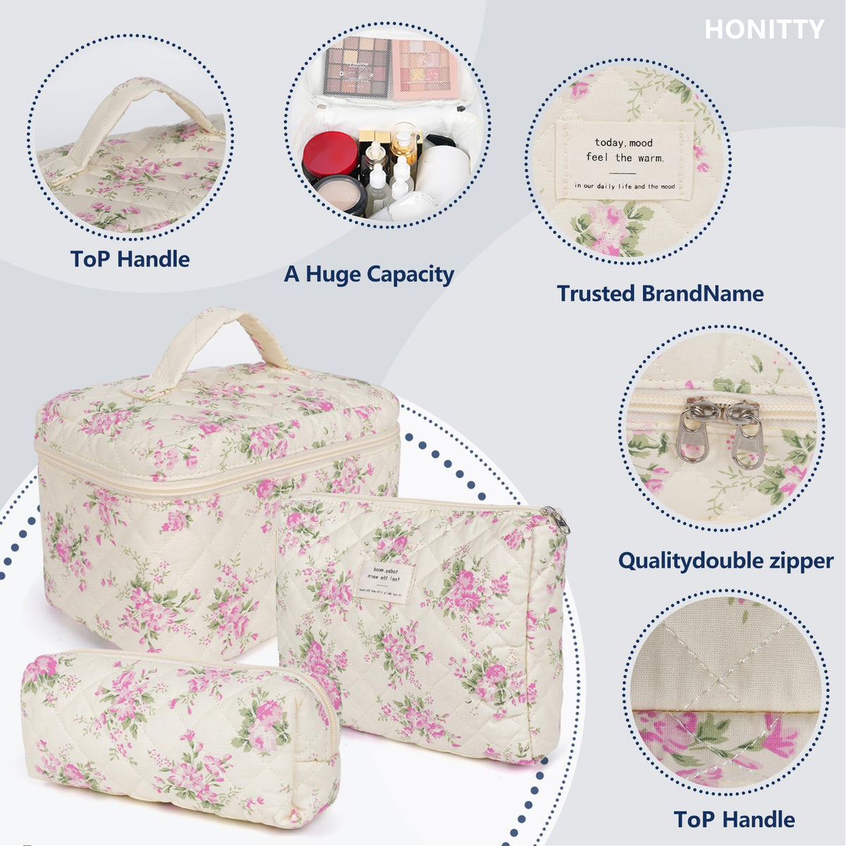 honitty Floral Makeup Bag Set open with cosmetics inside