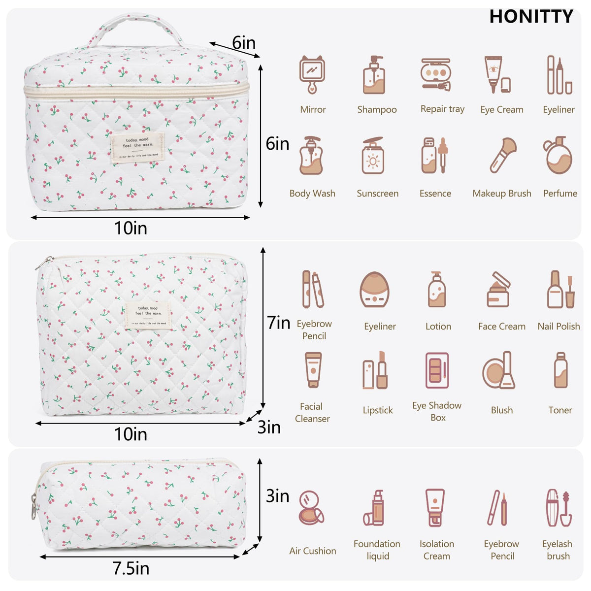 honitty Floral Makeup Bag Set showing three different sizes