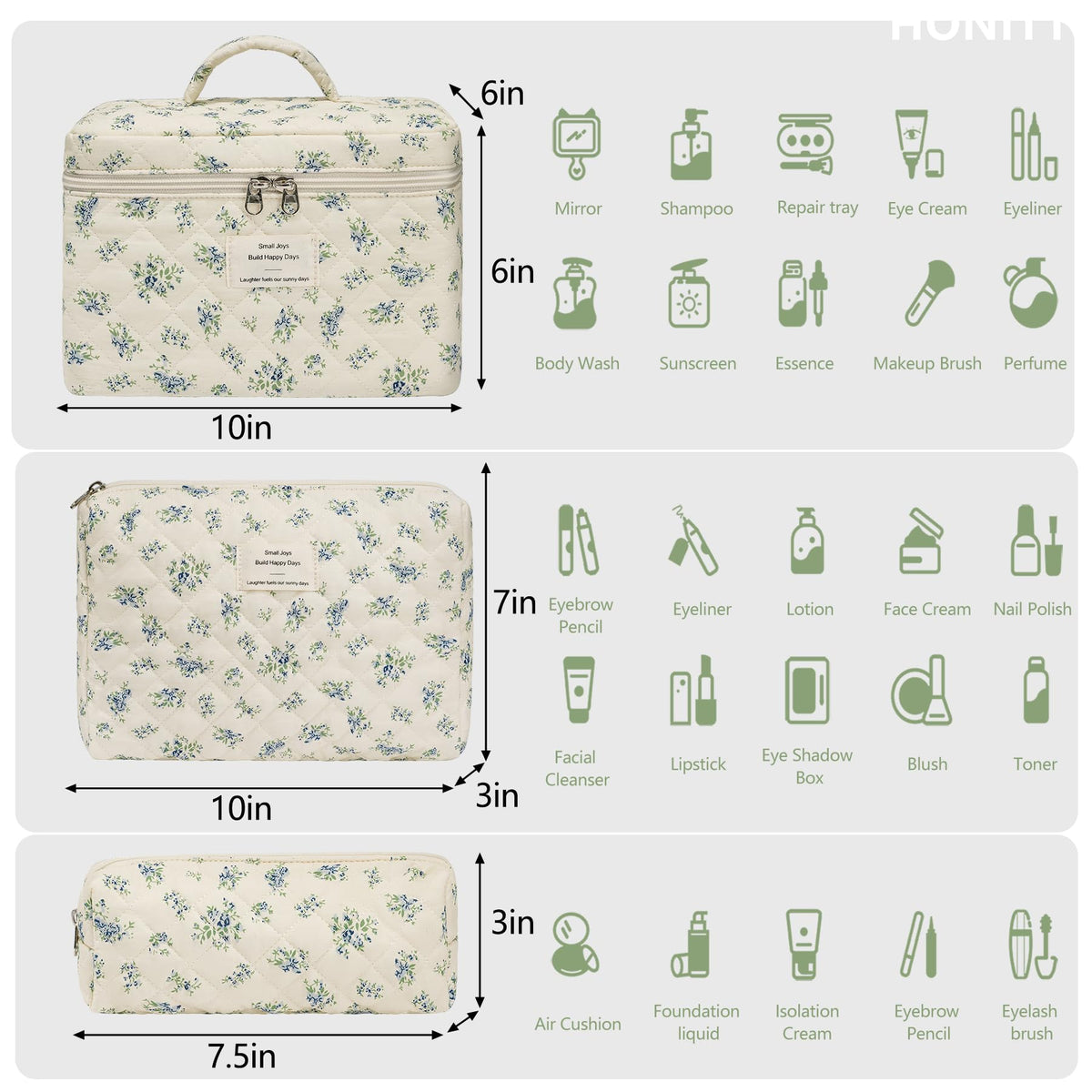 honitty Floral Makeup Bag Set showing three sizes