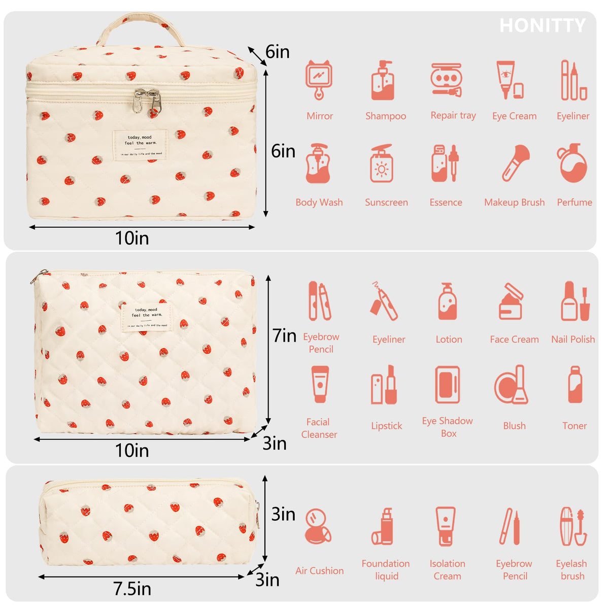 honitty Floral Makeup Bag Set showing three sizes