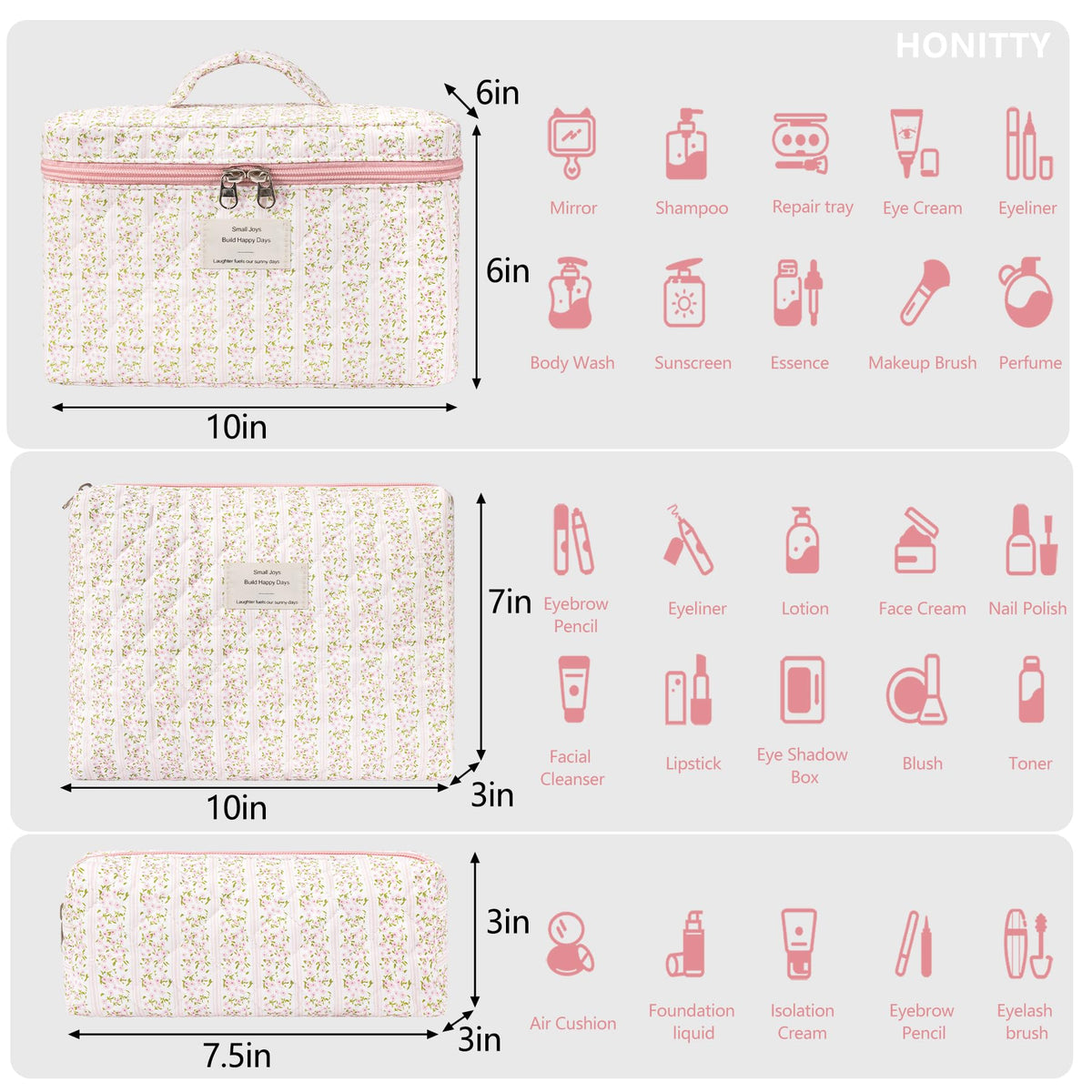 honitty Floral Makeup Bag Set showing three sizes