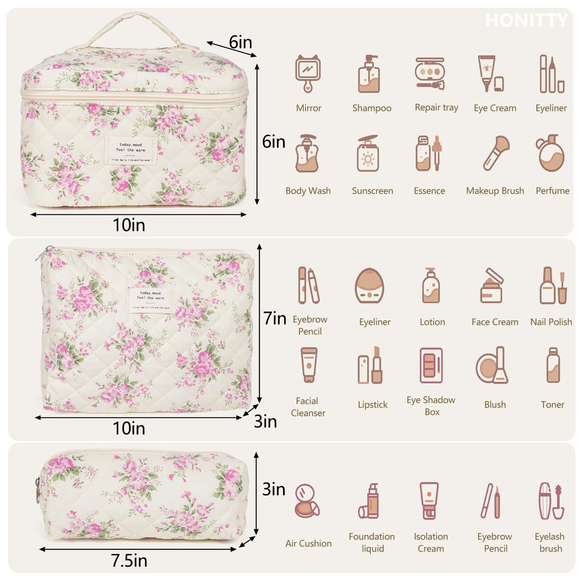 honitty Floral Makeup Bag Set side view showing three sizes