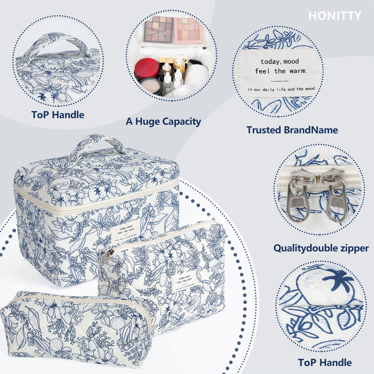 honitty floral makeup bag with zipper detail