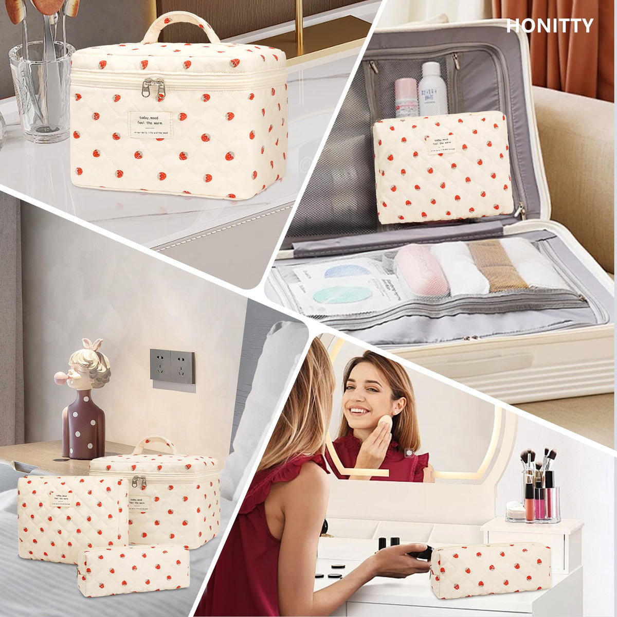 honitty Floral Quilted Bag on a dresser with makeup products