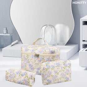 honitty Floral Quilted Makeup Bag Set in suitcase