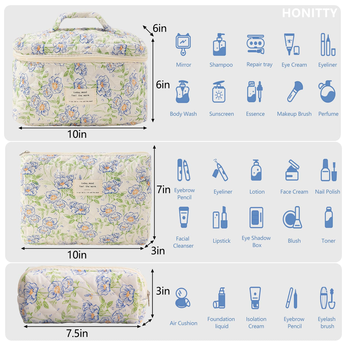 honitty Floral Quilted Makeup Bag Set side view