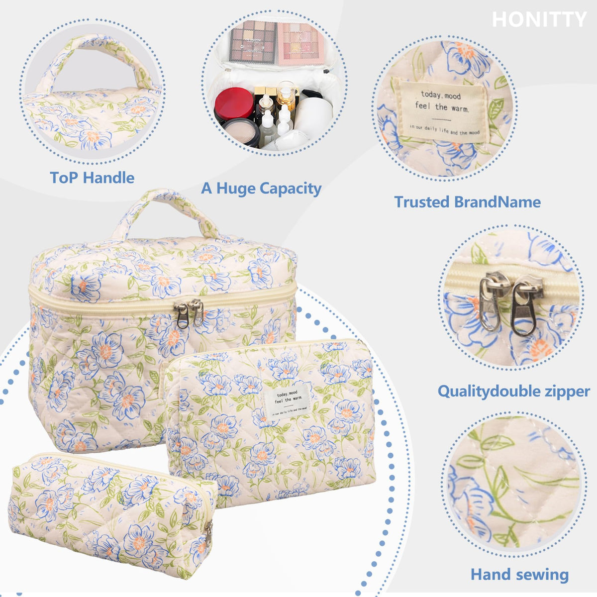 honitty Floral Quilted Makeup Bag Set with open zipper