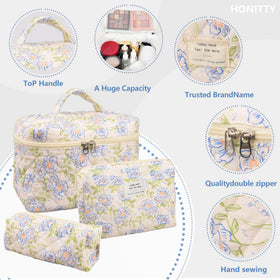 honitty Floral Quilted Makeup Bag Set with open zipper