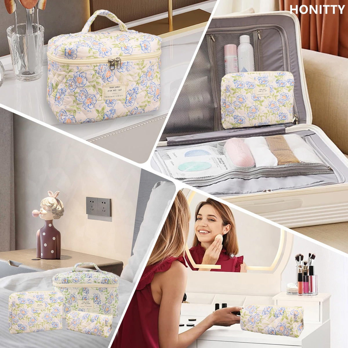 honitty Floral Quilted Makeup Bag Set with various cosmetics