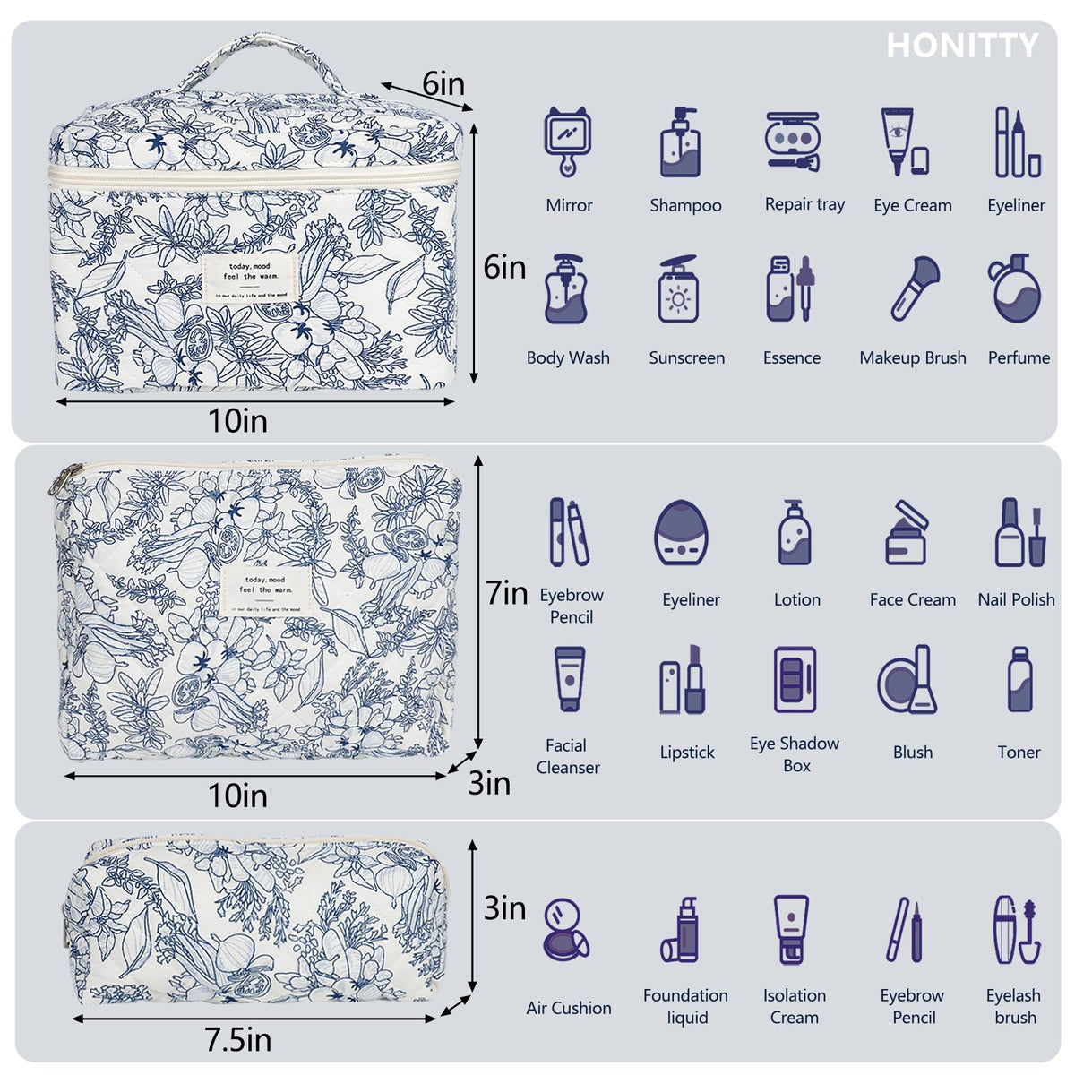 honitty makeup bag set showing three different sizes