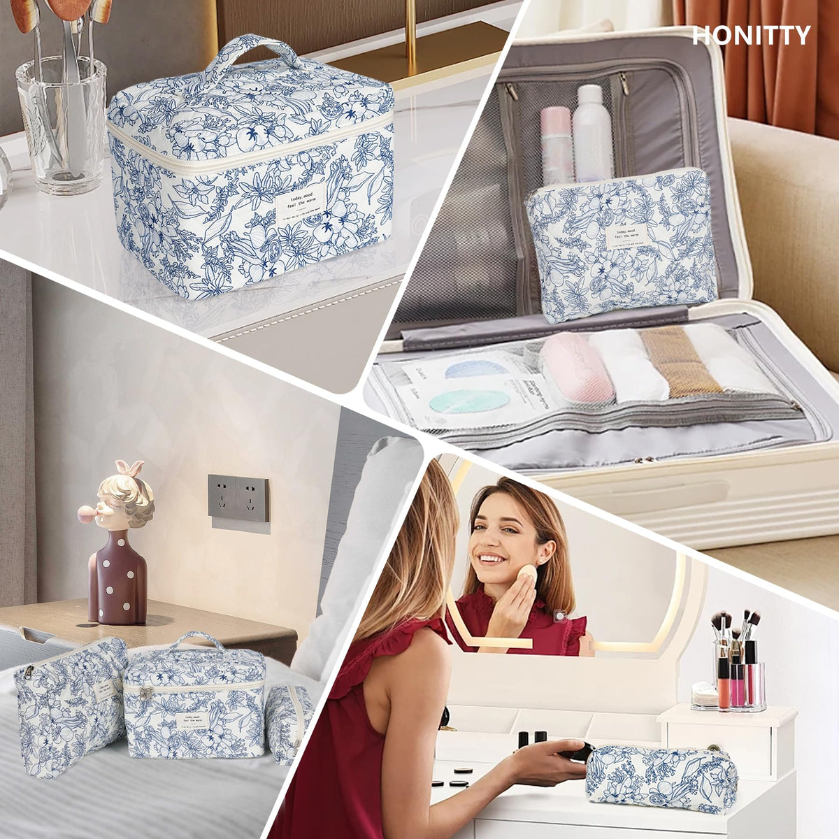 honitty makeup bag set with skincare products inside