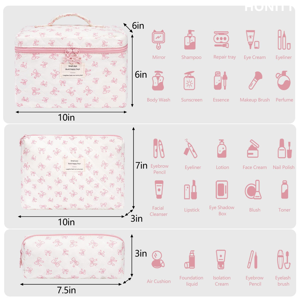 honitty quilted cosmetic bag with floral pattern side view