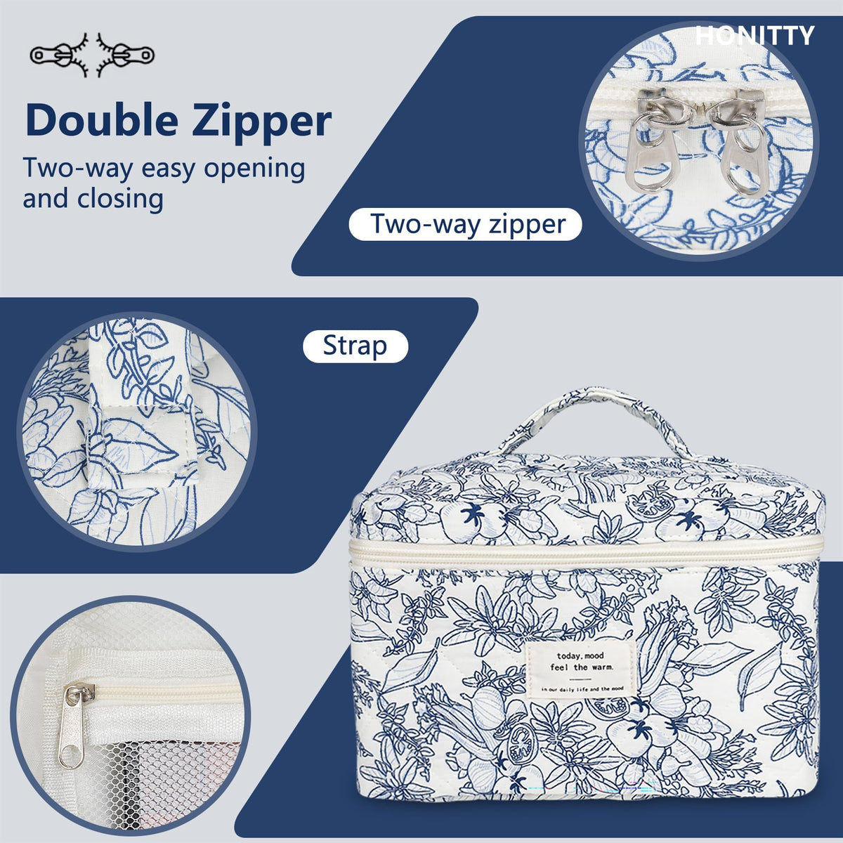 honitty Quilted Makeup Bag Set in a travel suitcase