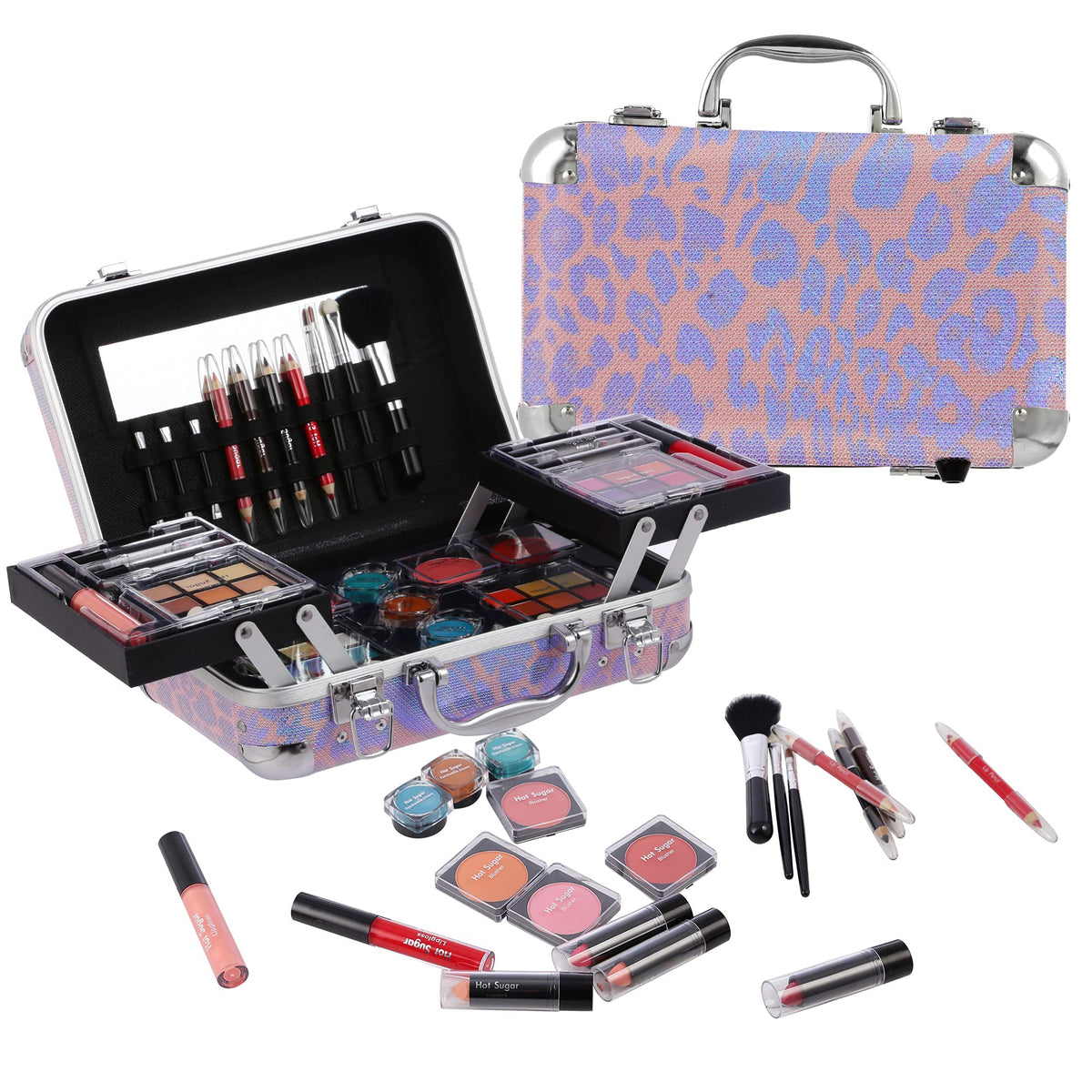 Hot Sugar All-in-One Makeup Set front view with pink leopard design
