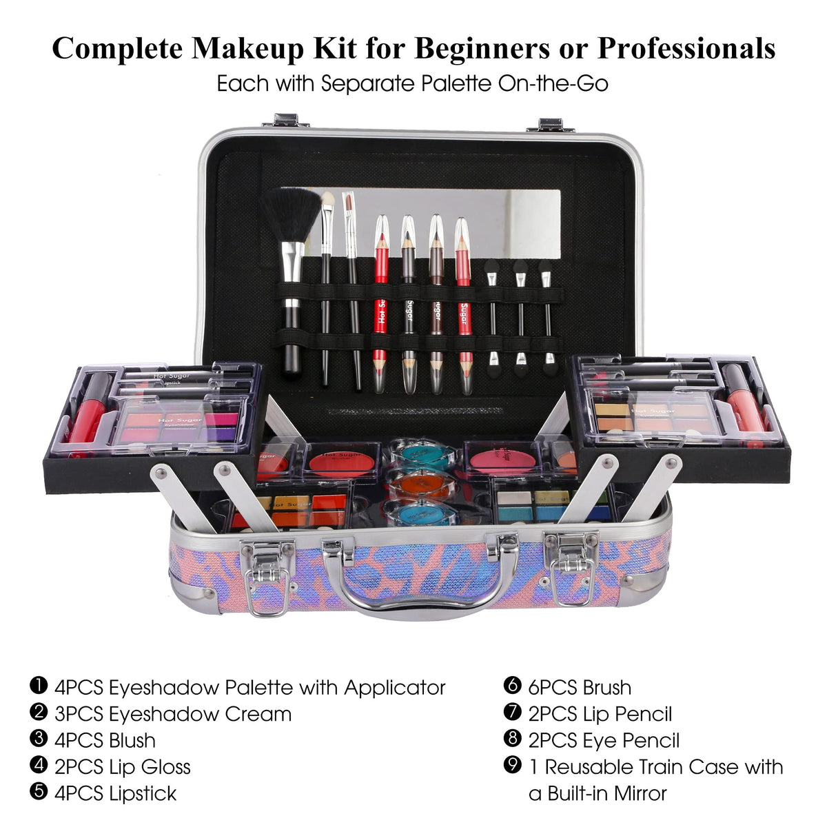 Hot Sugar makeup set open showing 27 eyeshadows and applicators