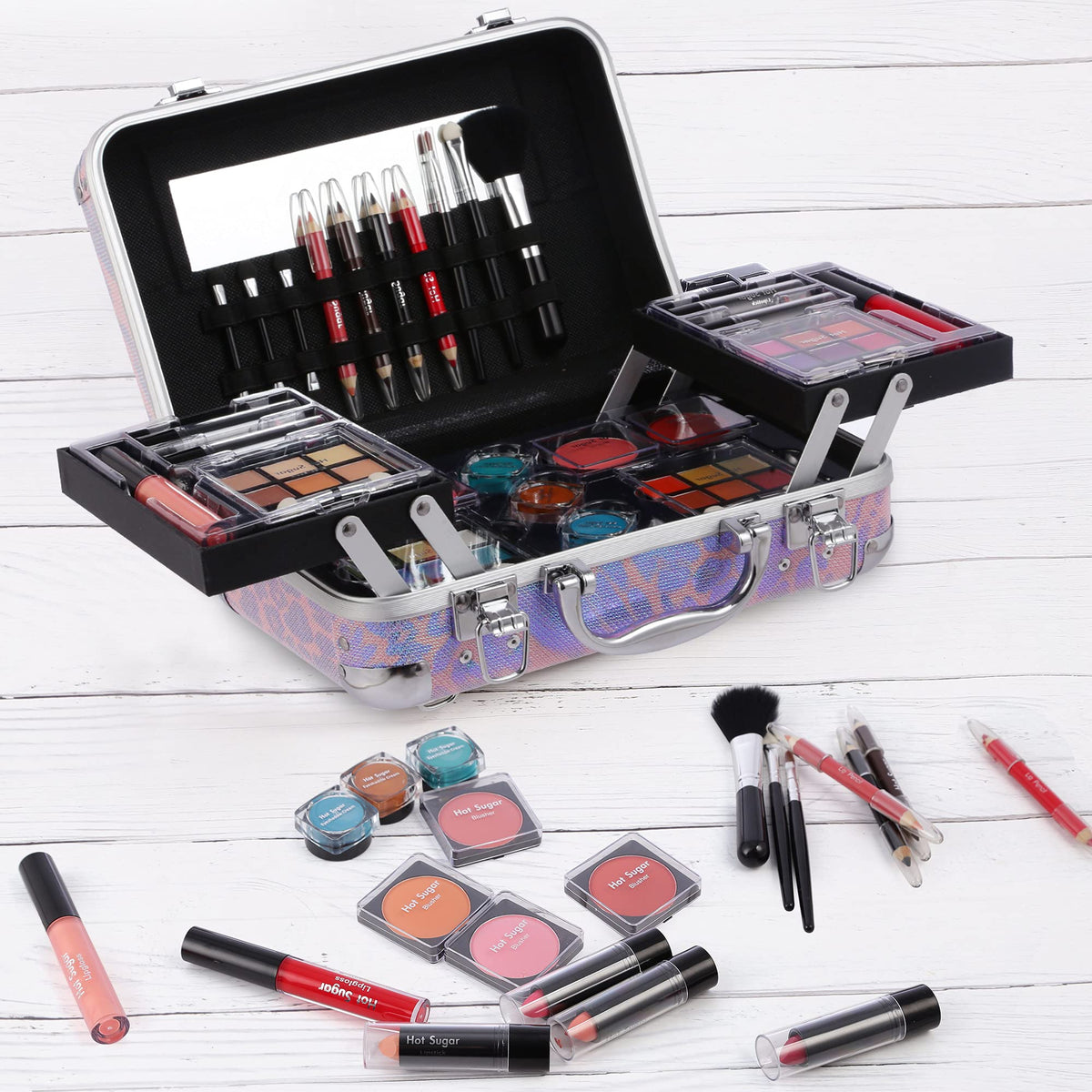 Hot Sugar makeup set with built-in mirror and pink leopard case