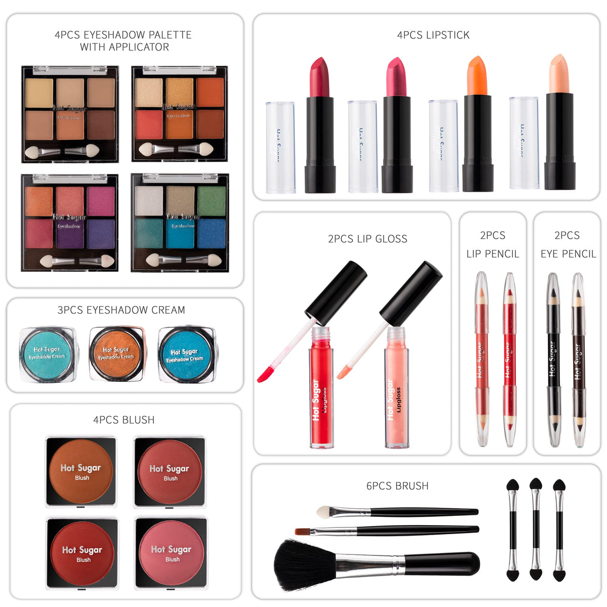 Hot Sugar makeup set with colourful mini palettes displayed