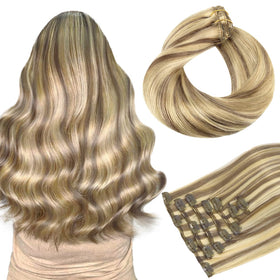 hotbanana 22 Inch Clip In Hair Extensions Ash Brown Highlighted Golden Blonde front view