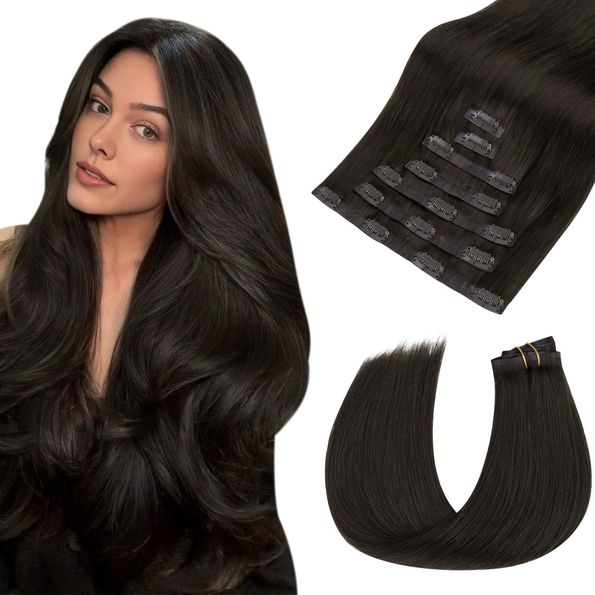 hotbanana Clip in Hair Extensions 20 Inch Dark Brown front view